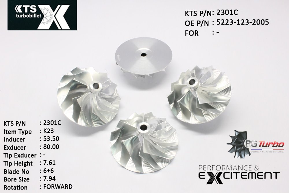 Turbo ROUE FORGÉE MFS PERFORMANCE - 6+6 PALES - INDUCER : 53,5 - EXDUCER : 80 - TYPE : K23/3LD/KKK 3LDZANGLE : 40° - ROTATION : Forward - SUPER BACK : -0,6 - BORE SIZE : 7,94
